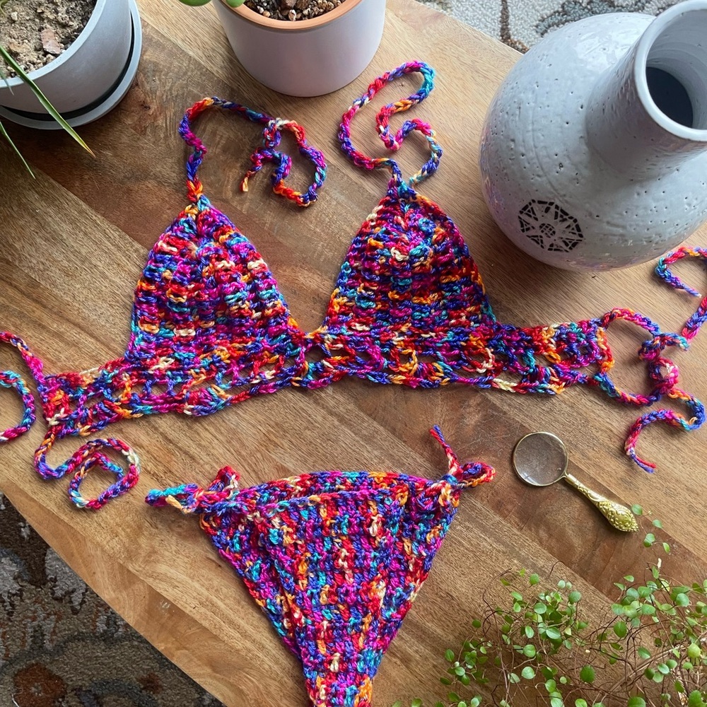 Boho Rainbow Crochet Bikini Set | Festival | Beachwear | Adjustable Ties